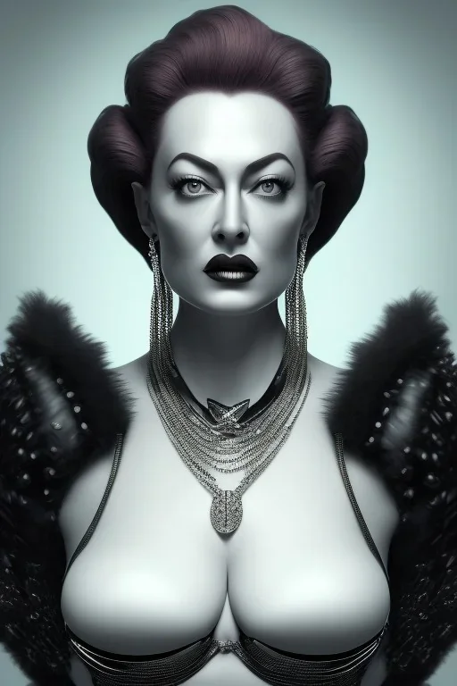 Joan Crawford as evil queen in black leather, busty, cleavage, dominatrix, curvy, angry, stern look. unreal 5, octane render, cinema4d, dynamic lighting, dramatic lighting, 4k, redshift render, highly detailed, hyper realistic,anthropomorphic