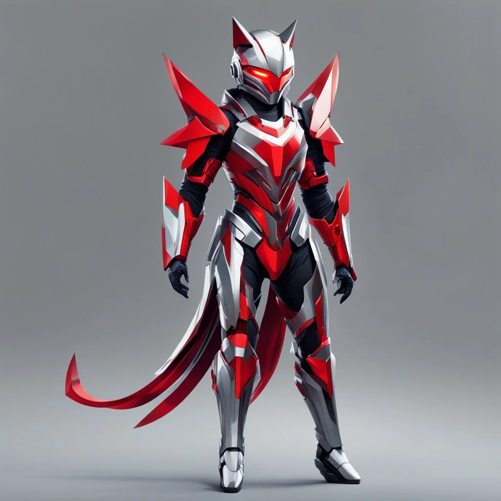 (((Full body and legs))). Digital illustration of futuristic character with armor, dynamic. Elegant metallic suit adorned with sharp angular lines, silver colors, black details, red stripe on the chest. Helmet with pointed cat design, cat ears, bright red cat eyes, exuding menacing presence. Stylized, abstract artwork, sketch-like quality, vibrant colors emphasize intricate details of the armor