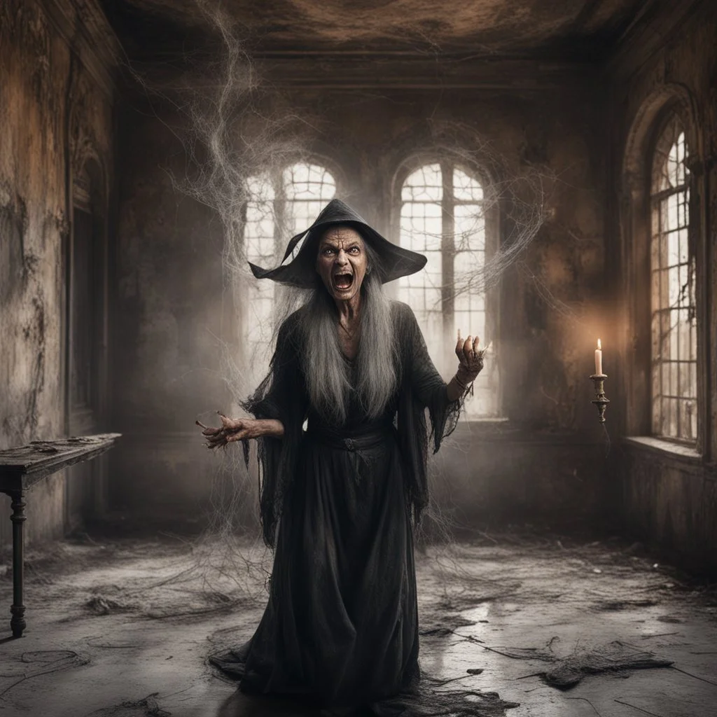 Hyper Realistic photographic-view of Terrifying-Old-witch angrily-smiling & flying inside an abandoned Indian-palace-lounge with cobwebs & candles, cracked-walls-&-peeling-paint showing dramatic & cinematic ambiance"