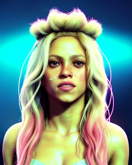 portrait, Shakira, blonde artist, Realistic image, drinking a strawberry milkshake, pink line make-up, sweat, fog, goddess style, Neon colors, leds. Color background, photo studio, concept art, smooth, unreal engine 5, god lights, ray tracing, RTX, lumen lighting, ultra detail, volumetric lighting, 3d, finely drawn, high definition, 4k.