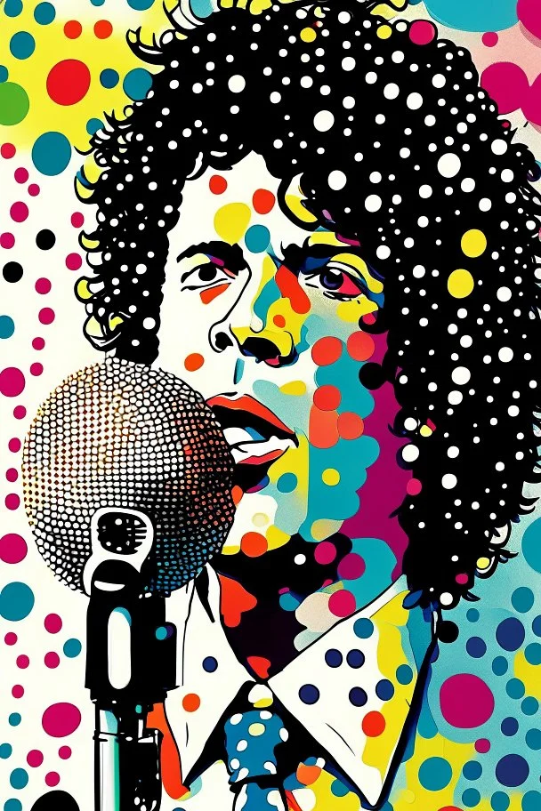 colorful Illustration of a michael jackson microphone in hand and looking at the camera. Polka dots in the background. by munch