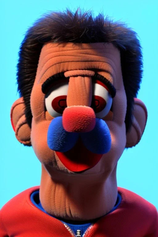 Waist up muppet Portrait, Nicolas maduro us muppet doll, Venezuelan president, tracksuit red blue and yellow, mustache, photo studio, red background, unreal engine 5, concept art, art station, ray tracing, lumen lighting, ultra detail, volumetric lighting, 3d.