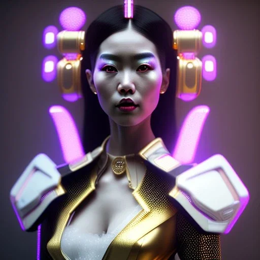 Cyber geisha, Woman, black hair, white skin, velvet dress, gold pattern, cyberpunk, neon, highly detailed, art stations, concept art, smooth, unreal engine 5, god rays, ray tracing, RTX, lumen lighting, ultra detail, volumetric lighting, 3d, finely drawn, high definition, high resolution, gradient background