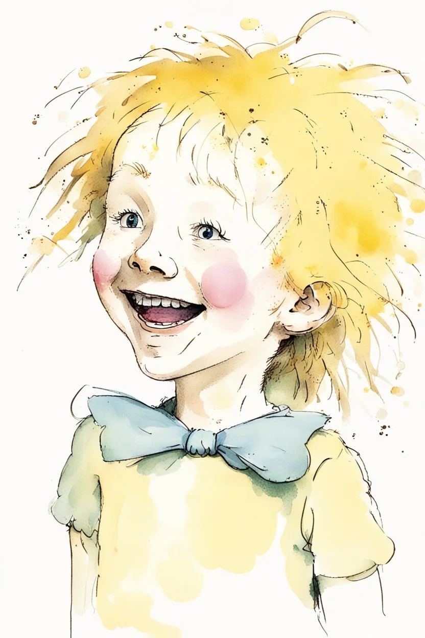 A whimsical colored illustration by Quentin Blake depicting a cute, funny happy 5 year old girl with yellow unkempt hair, wearing tufts of hair high on her head and wearing a bow.