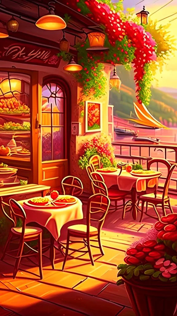 Restaurant, date, scenery, background, art, drawing, very realistic, detailed, vibrant colors.