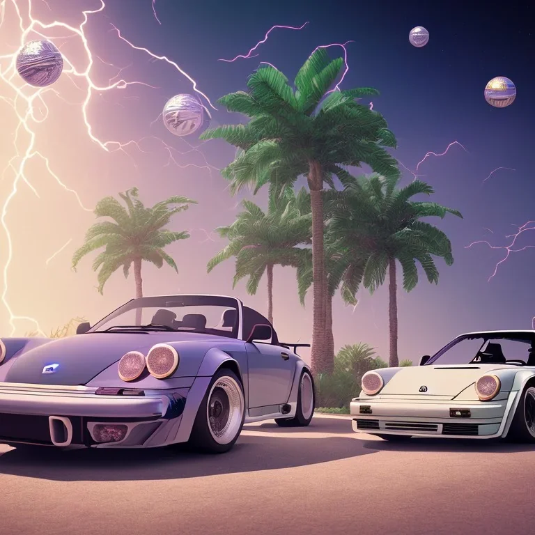 1980's aesthetic vaporwave palm trees and spheres and Porsche with lightning