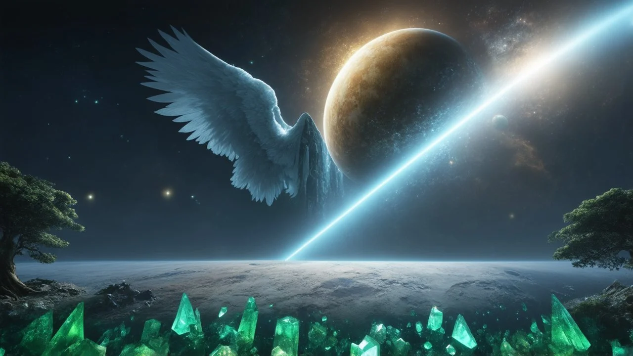 matrix universe, space, planets, god creation, angels from other dimensions with beautiful wings, trees on the planet, behind green crystals of light, few tiberium monolith deposits on the planet near tree,