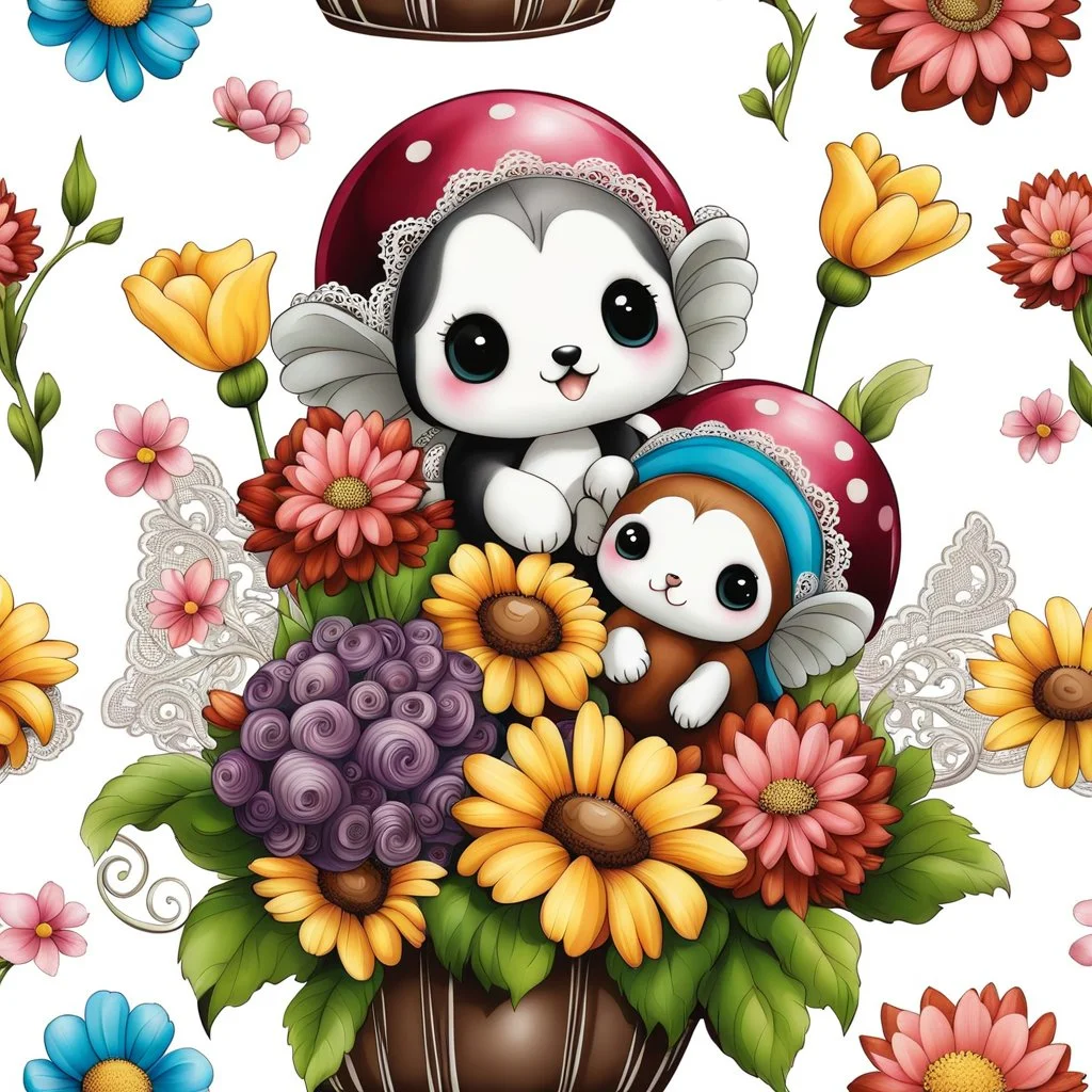 a stunning colorful flowers bouquet with lace chocolate balls and very cute little floating, clinging chibi fantasy creatures between the flowers, high cualtiy, detailed, sharp focus, fantasy, nice flowers, photorealistic, masterpiece