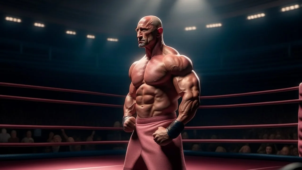 Highly detailed wide shot of Dwayne Johnson posing in a boxing ring, realistic, muscles, buff, flexing, pink, skirt, dress, dim light