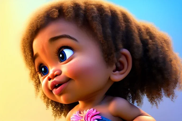 a beatiful little baby girl, 9 months old, curly hair,brown eyes,moana style, realistic, intriacte detail,volumetric lighting,highly detailed, cinematic, magnificent, majestic, Realistic photography, incredibly detailed, ultra high resolution, 8k, complex 3d render, cinema 4d