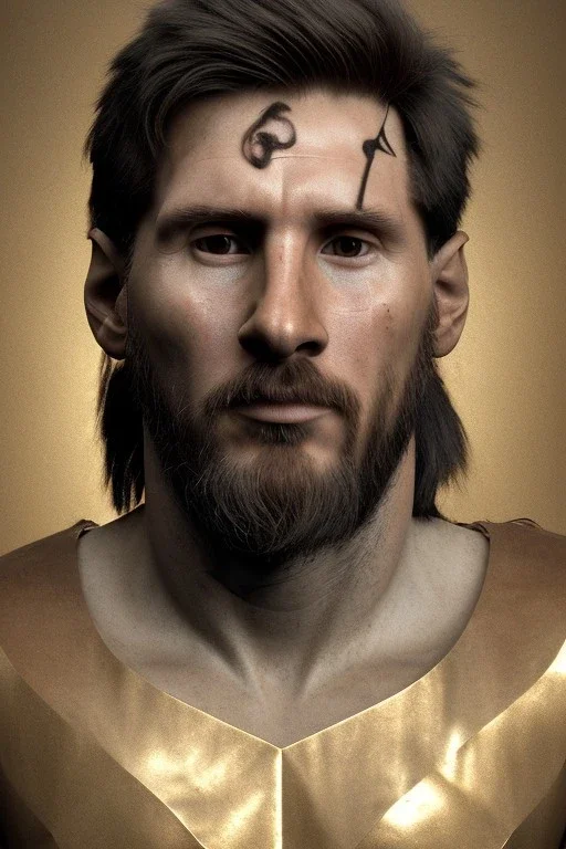 Realistic image, lionel Messi sculpture made of marble with gold veins, gold laurel leaves crown, gold ornaments, Renaissance style, sun rays background, waist up portrait, epic, celestial, cinematic lighting, God lights, 4k resolution, smooth details, soft lighting, unreal engine 5, art station, substance 3d.