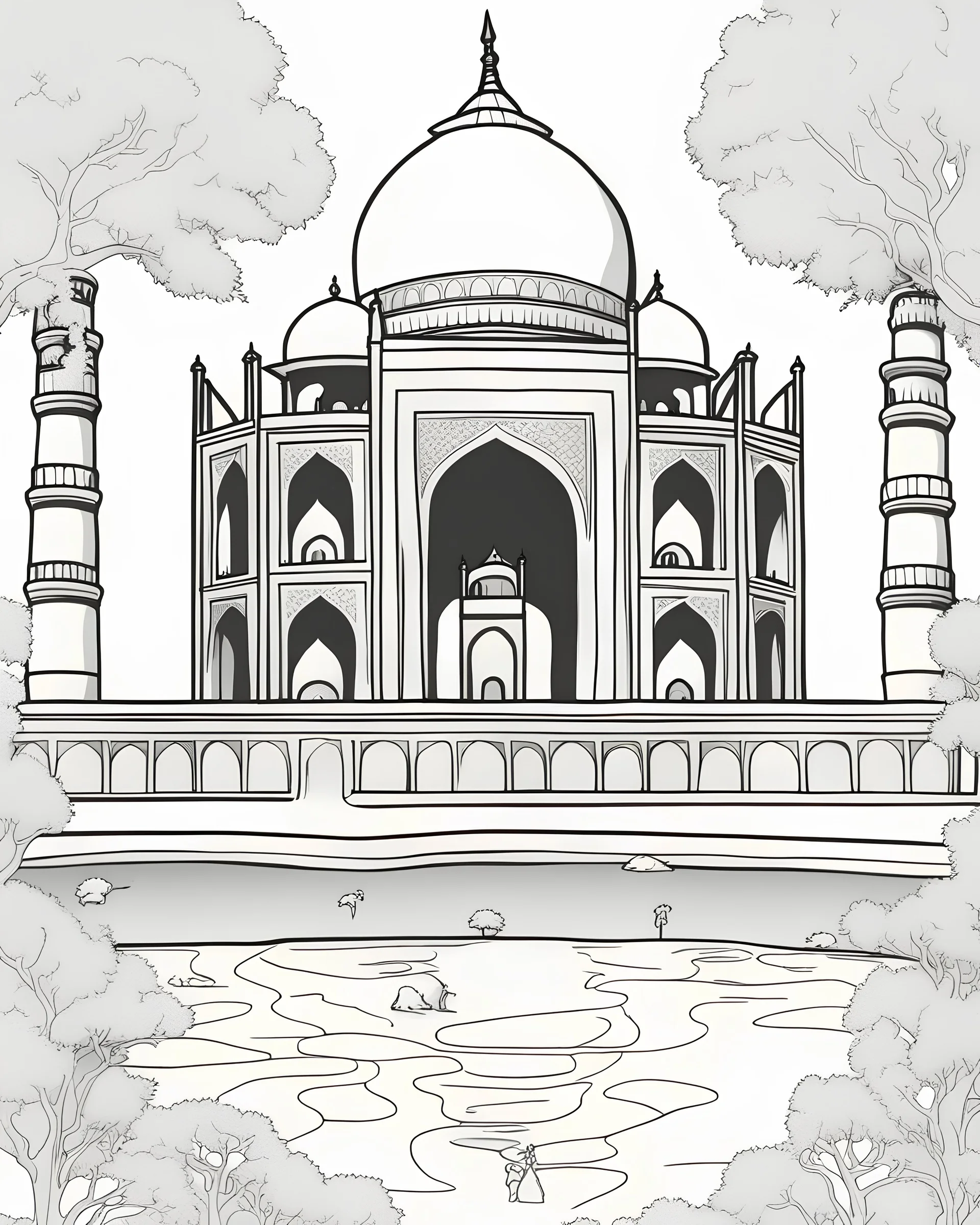 a coloring book, coloring page, depicting the Taj Mahal, with a scene of trees and a pool in front, cartoon style, highly defined, full body, white background, empty background, simple outlines