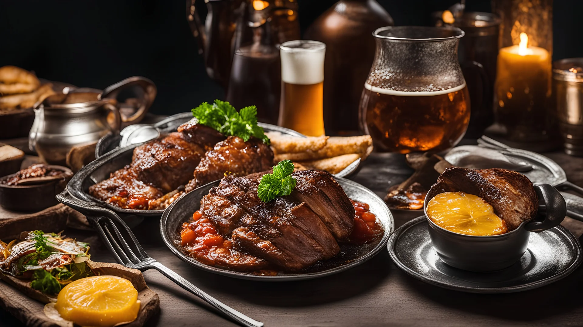 142857, delightful, sensitive, delicious food, banquet, pewter tankards and pewter plates, pewter mugs, pewter cups, beer, ale, confident, night, darkness, architecture, filled with delicious food, splendid roasted meat, award-winning photograph, beautiful composition, chiascuro