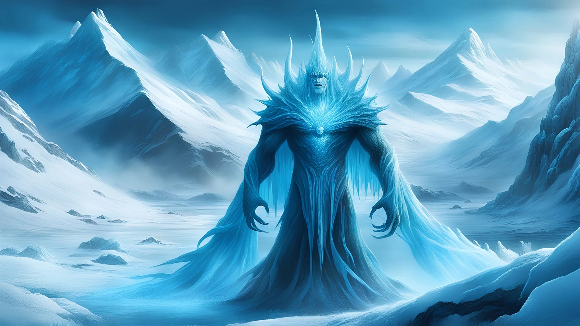 An inhuman monstrous fearsome ice wraith, evil spirit, bright blue eyes, a shimmer of blue magic; frozen landscape, glacier in the background