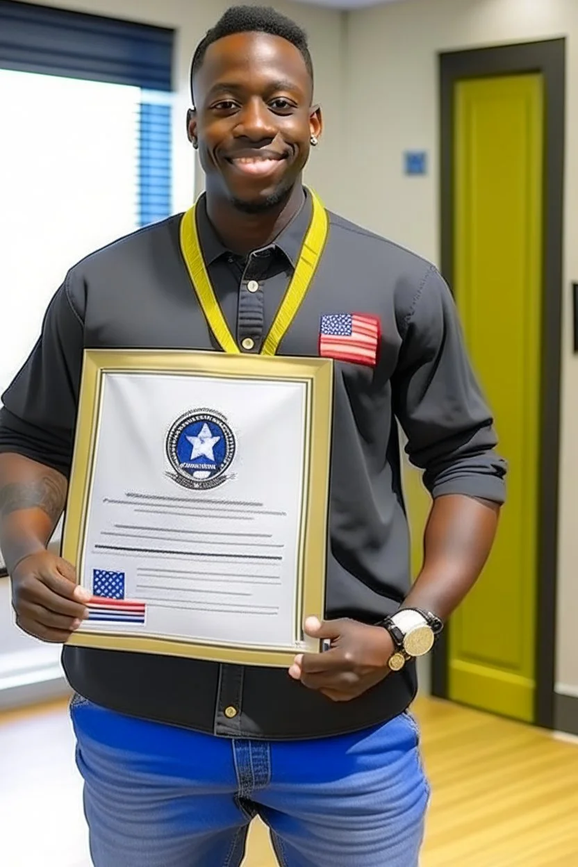 black man holding certificate in USA pants