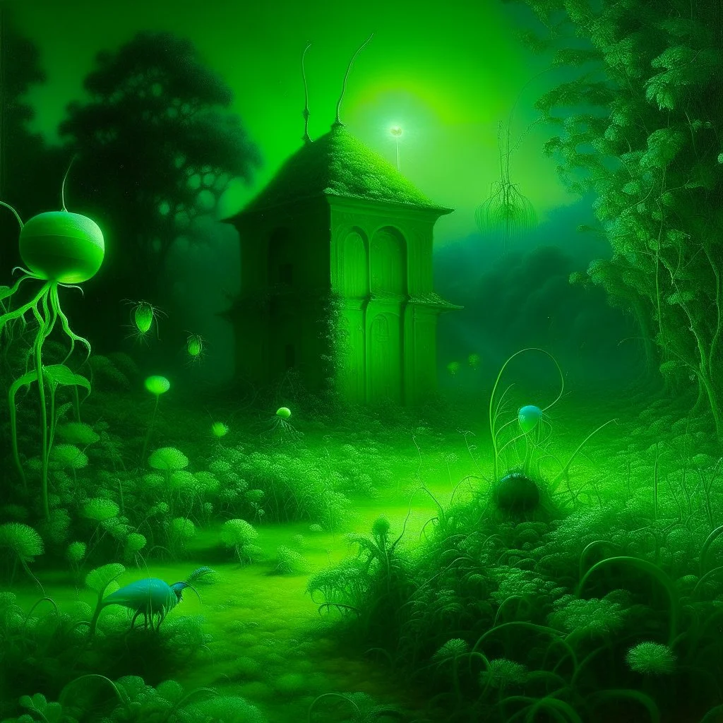 A neon green garden with fly traps painted by Ivan Aivazovsky