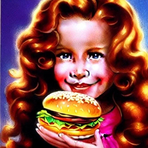 Young Robyn Lively with a beautiful and highly detailed face holding a lisa frank mcdonalds hamburger, modern American; by Daniel Gerhartz, phil noto, sienkiewicz, mucha, jim lee, manara; hyper-detailed, hyper-realistic, sharp focus; symmetrical face; textured shading, subtractive lighting, Unreal Engine, sharp focus