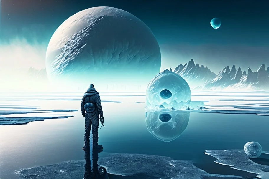 person seeing a grey exoplanet in the horizon, lagoon, ice blocks, sci-fi, very epic