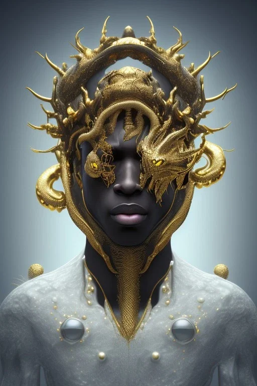 black male African alien, cracks in the voodoo head, wicked, Asian eyes, crown, blood, 8k, finely detailed, photo realistic, Boris Vallejo style turquoise skull head gold dragon space alien rain skeleton gold tooth silver helmet silver space suit spaceships