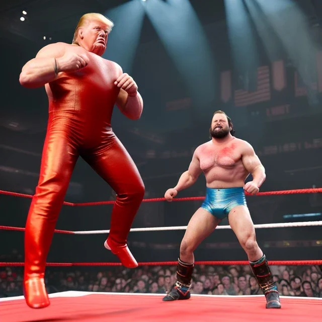 Photo realistic, Wrestler Donald trump, wrestling, American shot, sweat, blood, red breeches, suspenders, retro style, 80s, hot ambient, photo studio, vibrant color, gradient, highly detailed, art stations, concept art, smooth, unreal engine 5, god rays, ray tracing, RTX, lumen lighting, ultra detail, volumetric lighting, 3d, finely drawn, high definition, high resolution.
