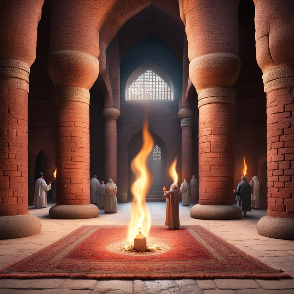 Hyper Realistic people praying inside prehistoric brick mosque with ancient flame torches with tore carpets & a Lalten