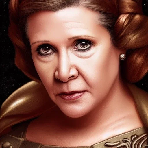[[extrem stunning photorealistic Carrie Fisher as Princess Leia]] :: [[photorealistic brown eyes, short hair, head and shoulders portrait, 8k resolution photorealistic portrait by Greg Rutkowski, Artgerm, WLOP, Alphonse Mucha, dynamic lighting, hyperdetailed, intricately detailed, triadic colors]]