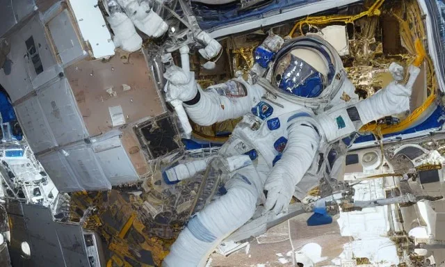 a astronaut repairing iss, a shot from far away