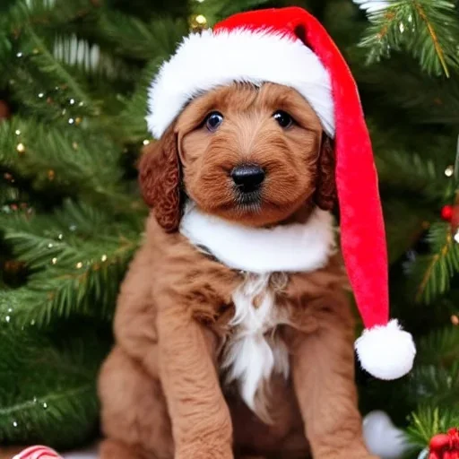 brown goldendoodle puppy with a santa hat