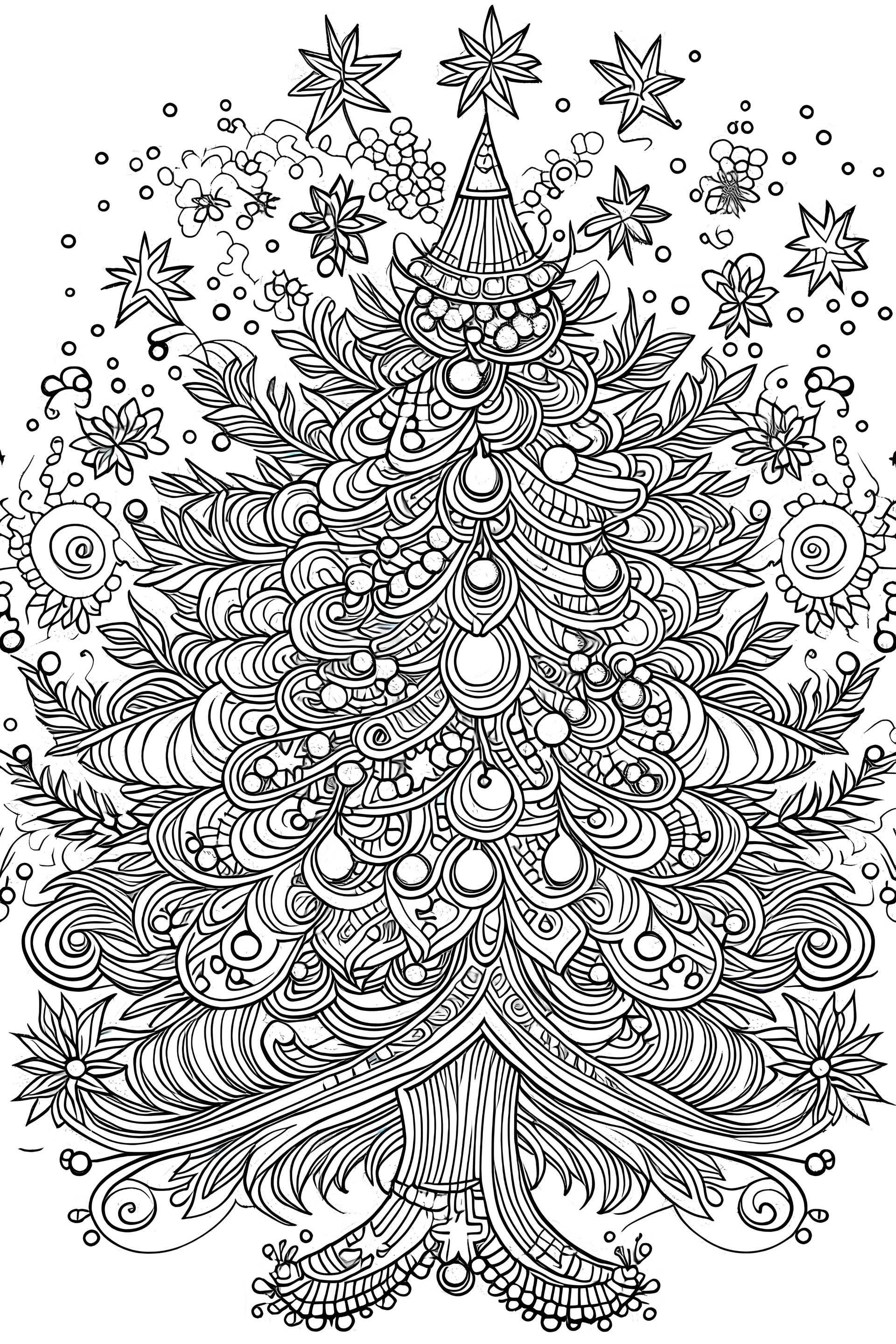 Drawing of beautifully decorated Christmas tree with ornaments, lights, and a shining star on top for coloring book