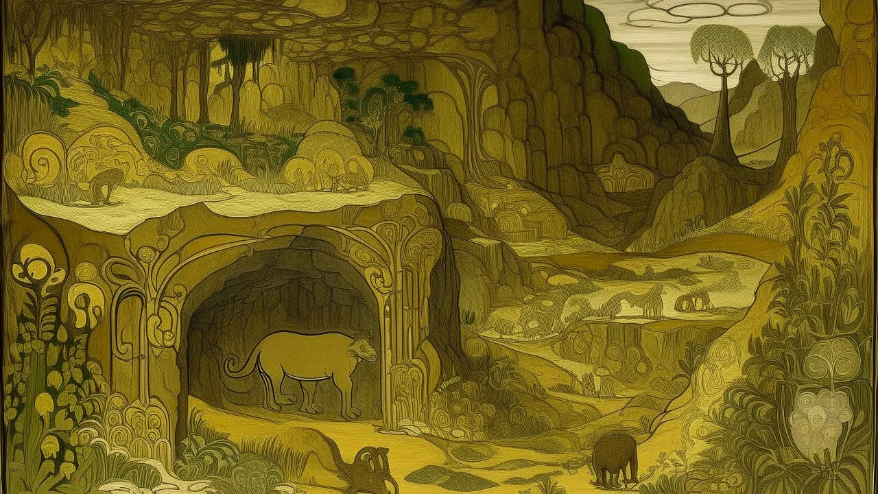 A grayish brown golden mine designed in native American petroglyphs painted by Paul Ranson