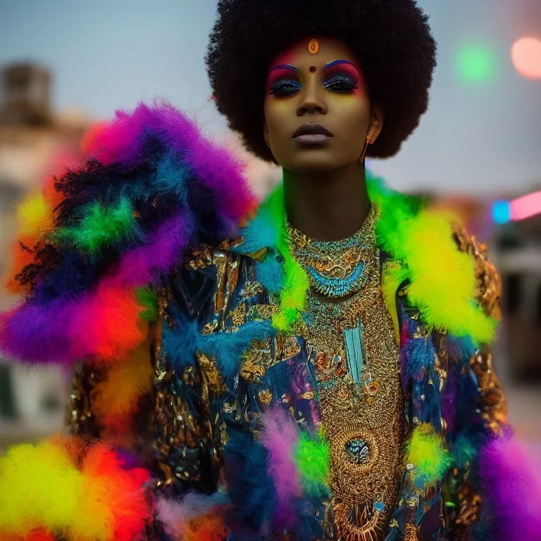 full body shot, masterpiece, best quality, man of median age, black skinned, sparkling eyes, fluorescent skin, colorful makeup, afro, highly detailed body, afrofuturism, scifi, sun light, 4K, RAW, depth of field, high contrast, realistic details, 24mm