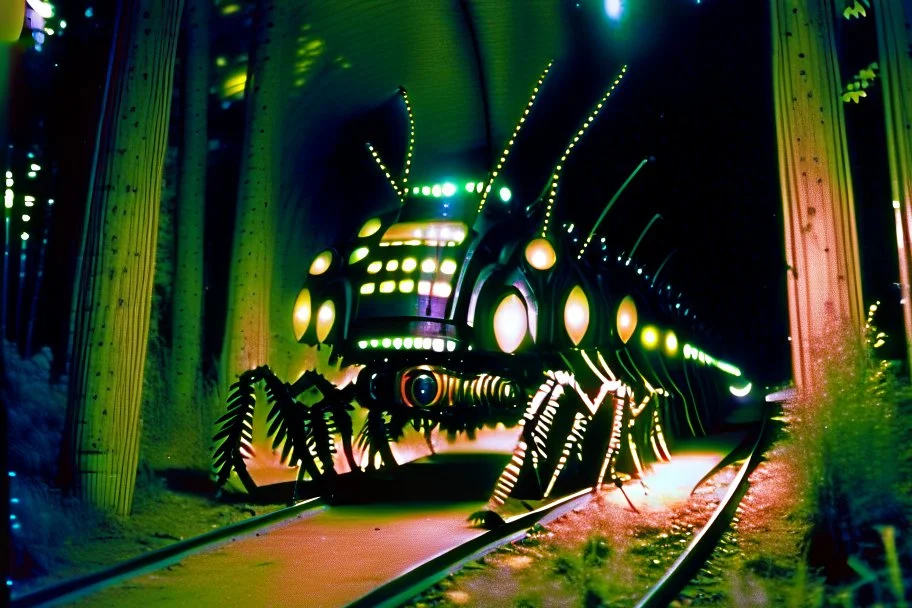 Subject( A centipede bug train robot cyberpunk futurism), Location(A forest with a futuristic train station, Forest, Alberta, night, Feb, 1994), Frame(wide shot of passenger facesinterior train), Cam( Nikon, R3, anirmorphic lens, extreme bokeh blur, analog film grain,fuji film, color fading, film scratches, mold, vinegar syndrome, dirt, dust, emulsion damage, water damage, film tears, Cinemascope mumps, gate hair)