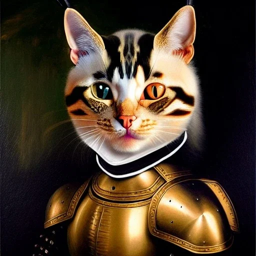 oil painting of a beautiful symmetrical cat with armor,wearing crown XV century, by El Bosco, Leonardo da Vinci, Goya 8k