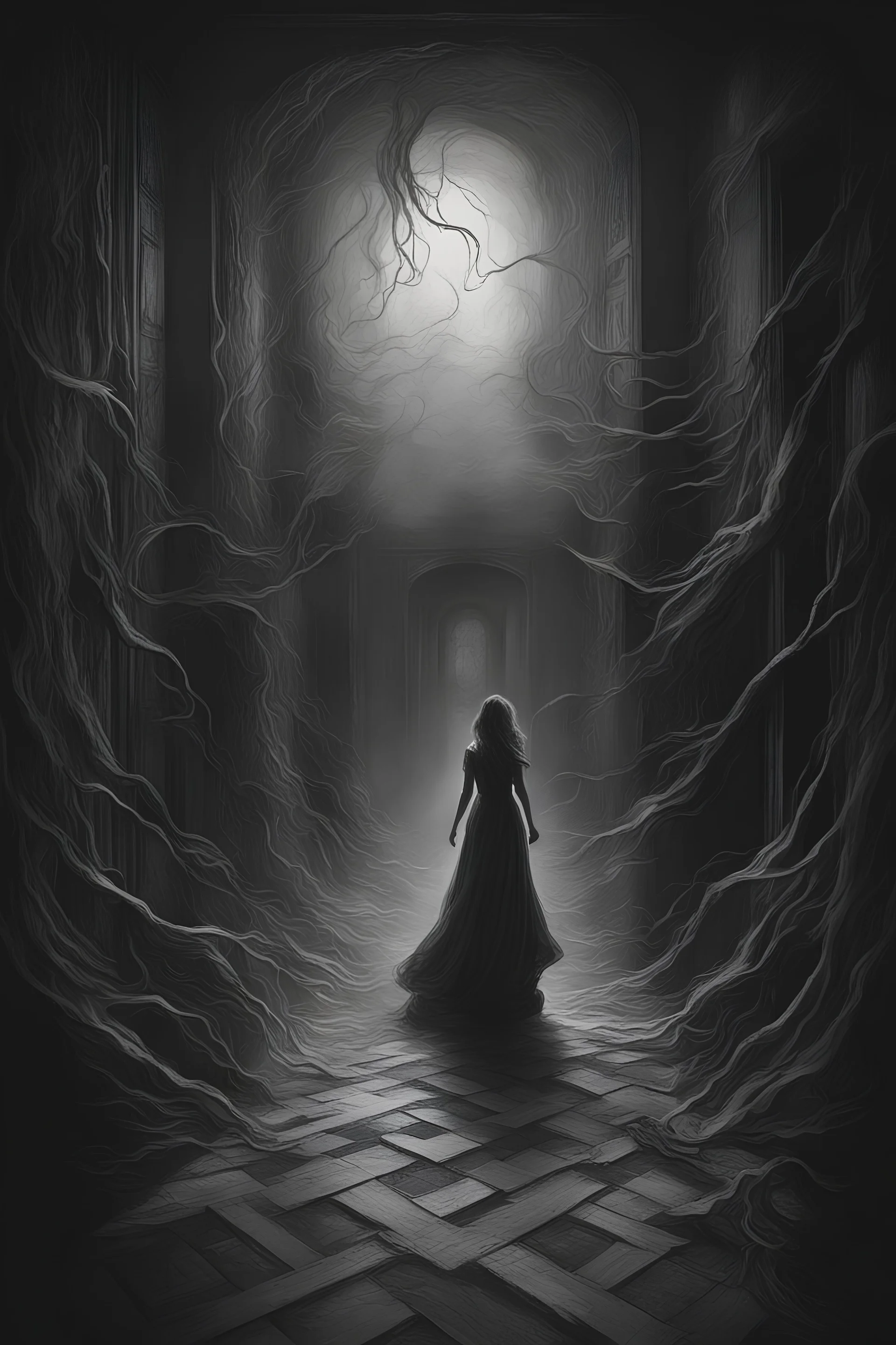 "Cacophonic Shadows" Depict shadows dancing with dissonant beats in a haunted dimension, where reality itself is fractured. Create an image where the relentless assault of sound leaves eerie trails echoing through the corridors. "Phantom Pulse"