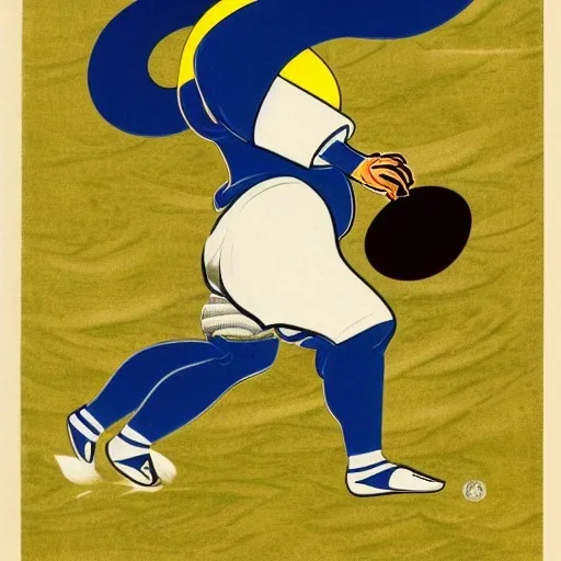 Ukiyo-e style illustration of blue and yellow Bighorn Ram holding a football