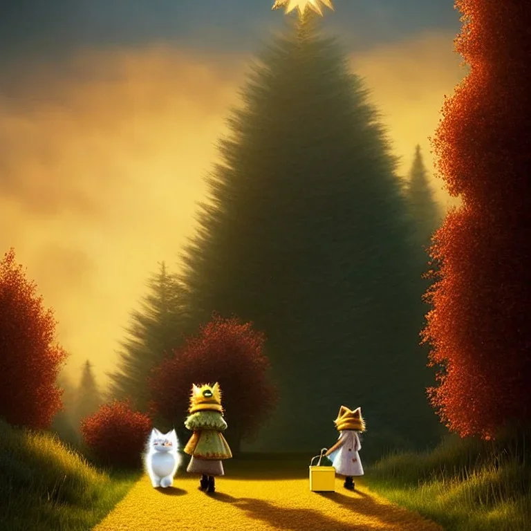 cute fluffy lion and scarecrow and tin-man and kitten on a journey into the woods walking on a yellow brick road, cute adorable pop surrealism, lowbrow art, realistic, street fashion, fluffy , pixar style, hyperrealism, christmas colors, rococo, by "NewAgerJul", Pixar, Disney, concept art, 3d digital art, Maya 3D, ZBrush Central 3D shading, bright colored background, radial gradient background, cinematic, Reimagined by industrial light and magic, 4k resolution post processing 8k resolution holog