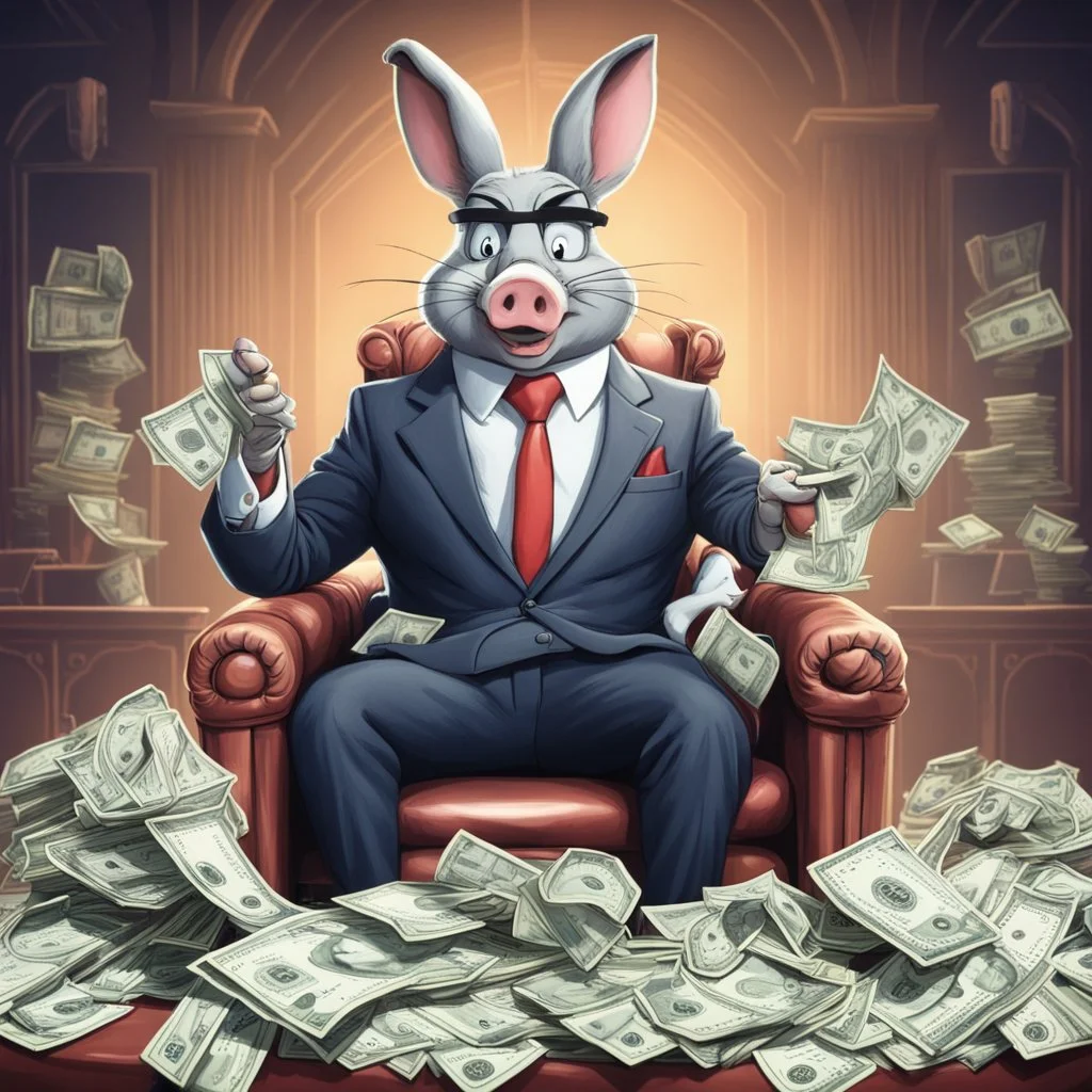 rich pig in suit on a throne making stacks of money by making a deal with a buisnessman. bugs bunny making sick beats in a background as he is known musician