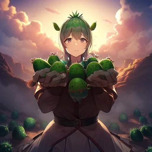 anime real life like cactus in the desert in arizona, grand canyon,anime, storm clouds in the background, prickly cactus. in her hands