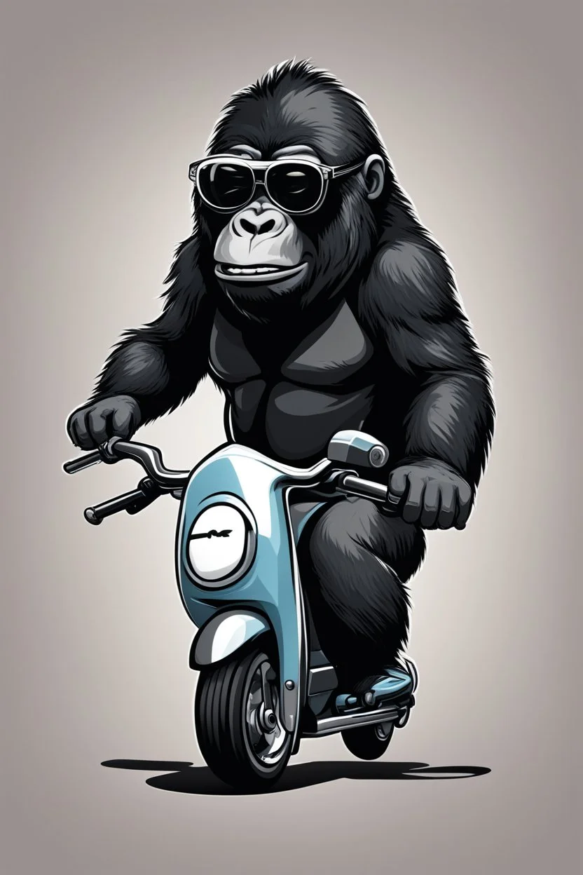 Gorrila riding on a scooter going fast, with sunglasses cartoonize, logo