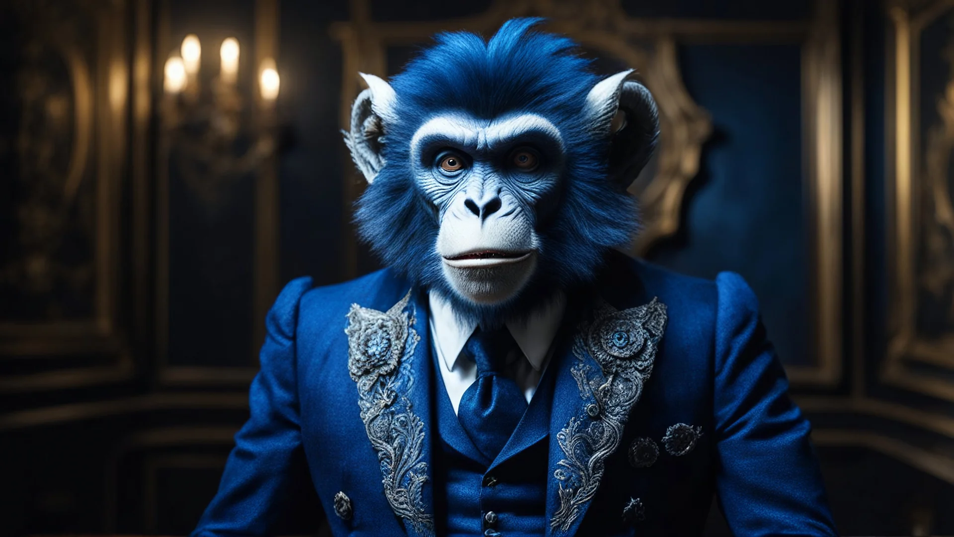 blue monkey monster man with ram horns and long bottom teeth in Victorian suit, in haunted room, night, 8k, high quality, trending art, trending on artstation, sharp focus, studio photo, intricate details, highly detailed, by tim burton