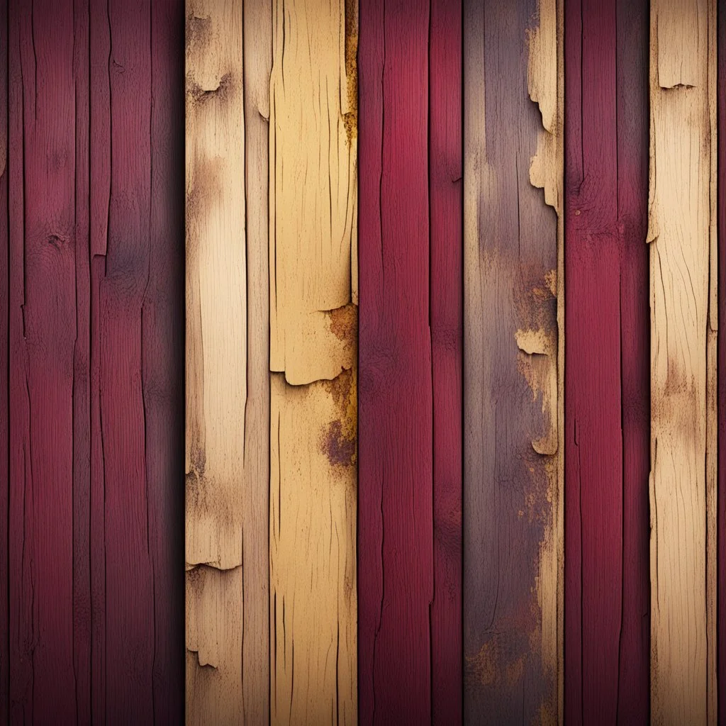 Hyper Realistic maroon & golden grungy multicolored broken wooden planks with rustic texture & vignette effect