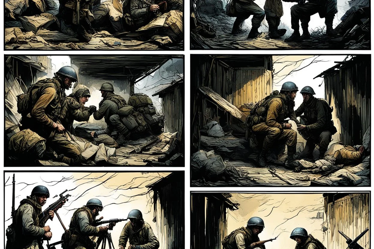 Masterpiece1:5)(Fineart), (award-winning:1.5), highest quality, war journalism editorial ,(by Tim Page, Hoorst Faas:1.5)),(Eastern Ukraine:(panel one:the moment after a battle ends, horrors of war, wounded men),(2nd panel, cinematic shot of men sitting in trench with 1000 yard stare (focus on their eyes:1.5)),(the third panel shows troops tired but hyper alert), (the fourth panel shows the sky is filled with incessant, fire and smoke everywhere,)