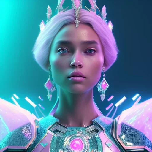 A portrait of a crystalised queen, atmospheric, realistic, unreal engine, cinematic lighting, octane render, transoarent, pink turquoise light