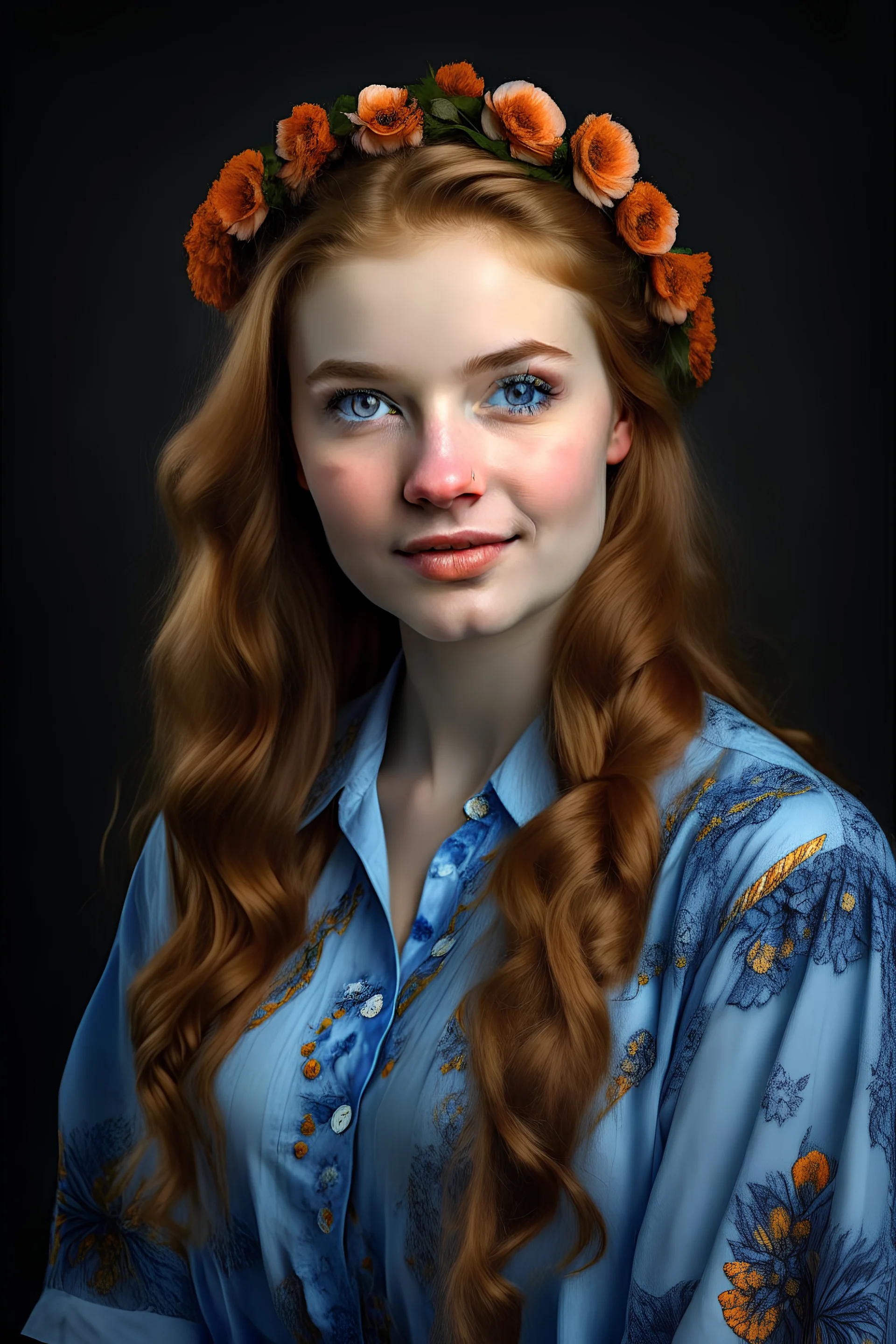 portrait of a young woman with a serene expression and delicate features. Her light brown hair is styled into a loose braid over one shoulder, and she wears a blue headband with orange floral patterns. She has clear, luminous skin and soft pale blue eyes that convey a gentle confidence. Her attire is casually elegant, with a relaxed blue denim garment. The lighting is soft and natural, enhancing the warmth and inviting quality of the portrait."