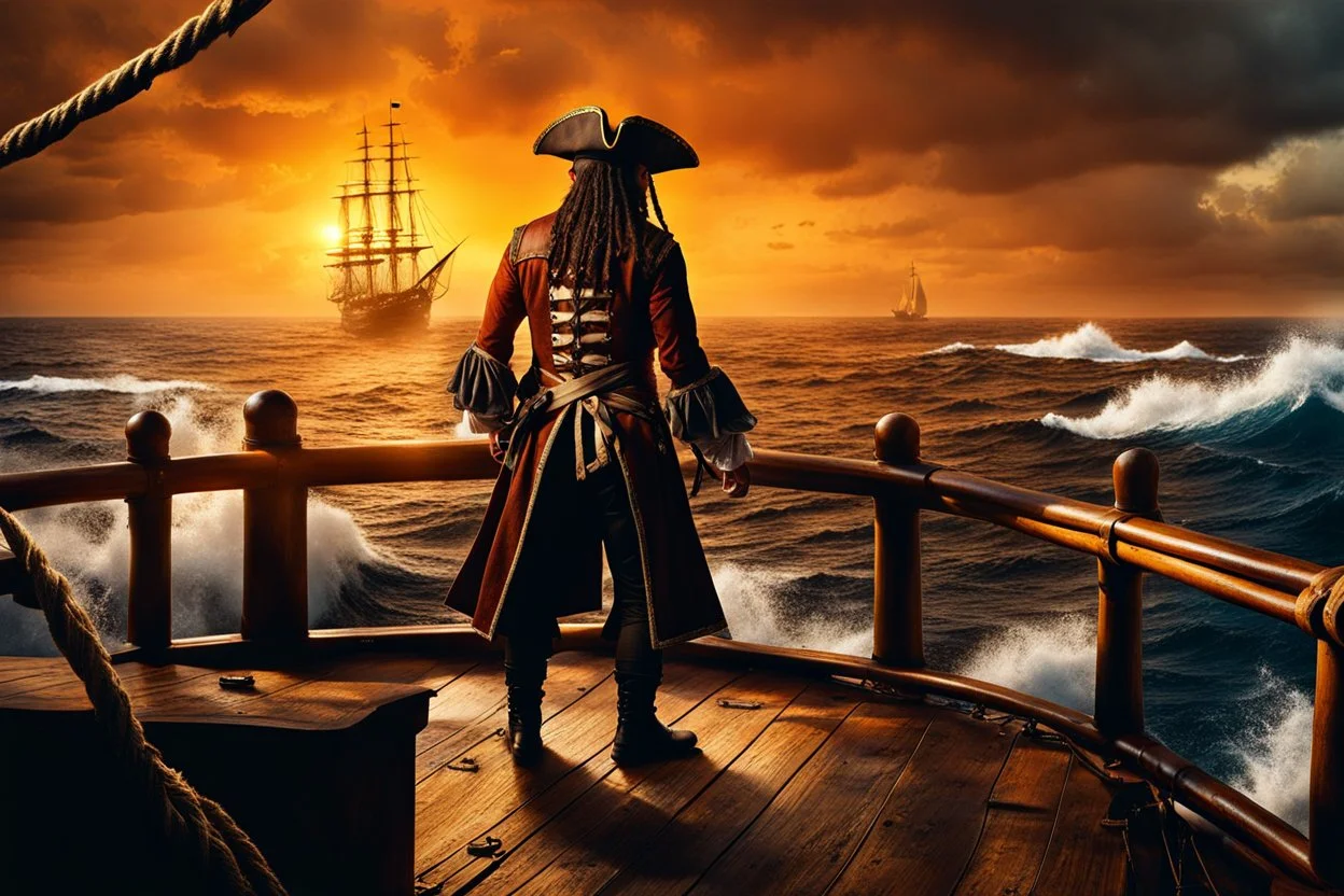 Pirate wearing eyepatch stands defiantly on a creaking wooden pirate ship deck, ocean horizon stretching behind, tattered sails billowing in the brisk sea wind, sunset casting an amber glow over the scene, high contrast, sharp textures, dramatic lighting, digital painting, crepystunning, cinematic