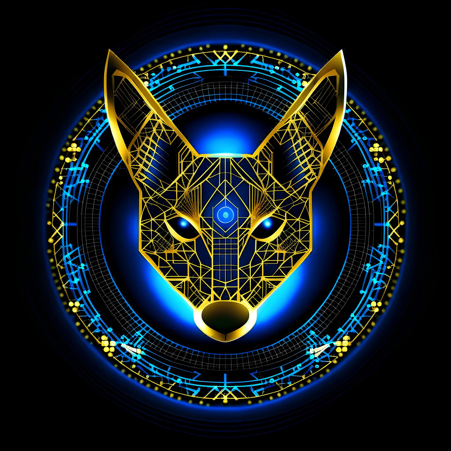 Blue and gold circle logo. A fox face made out of gold circuit board traces, fingerprint pattern superimposed behind