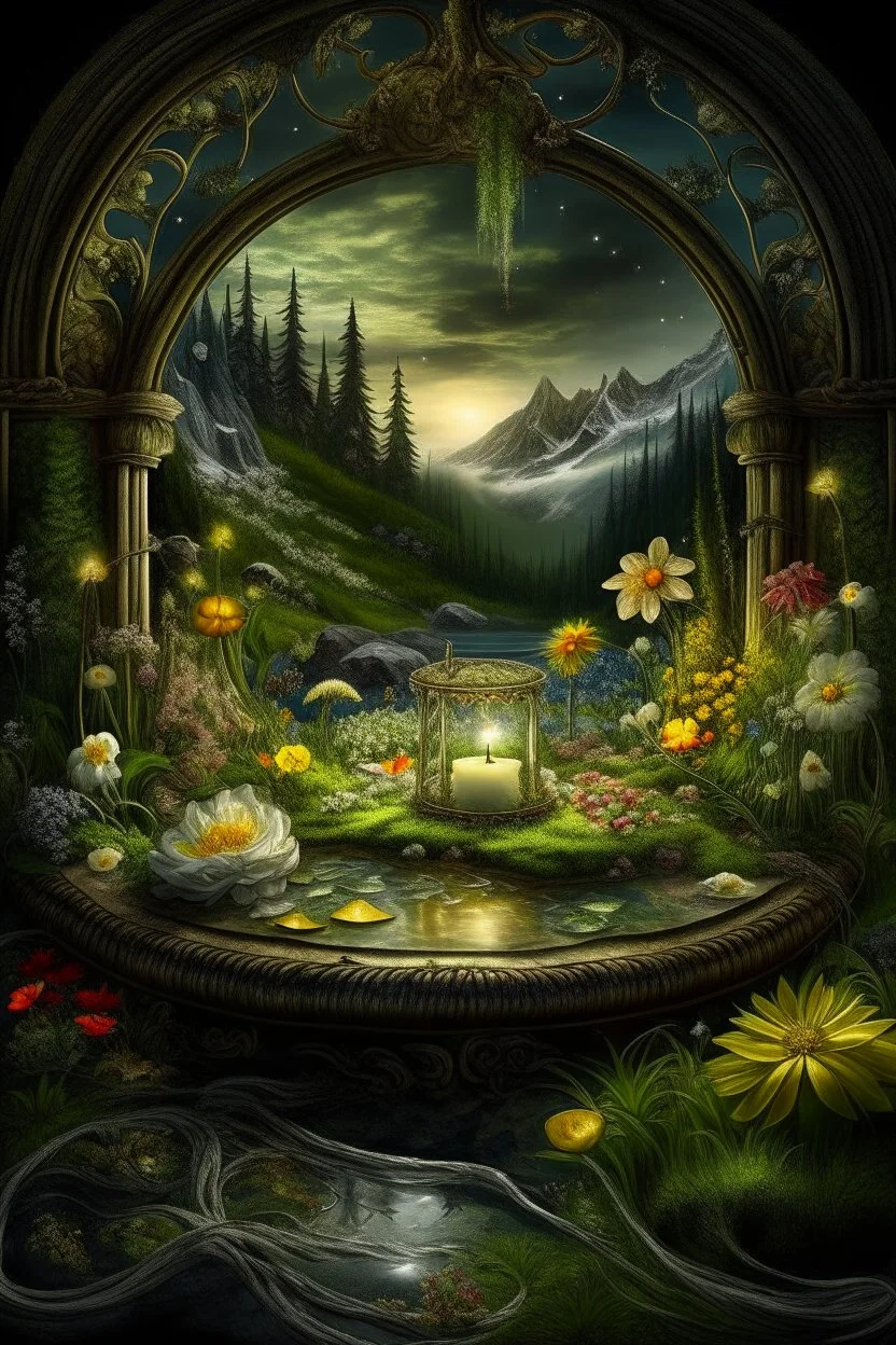 Hyperrealism against the background of a spring landscape in the forest +mirror with a tsunami whirlpool +mountains +ritual +candles+dried flowers+wildflowers+moss++decoupage of flowers+embroidery technique+braided beads+vine+moonlit night,fabulous landscape,surrealism,realism,naturalism,dot technique,microdetalization,high detail objects,digital illustration,volumetric clarity,dark fantasy,dark botanical, professional photo