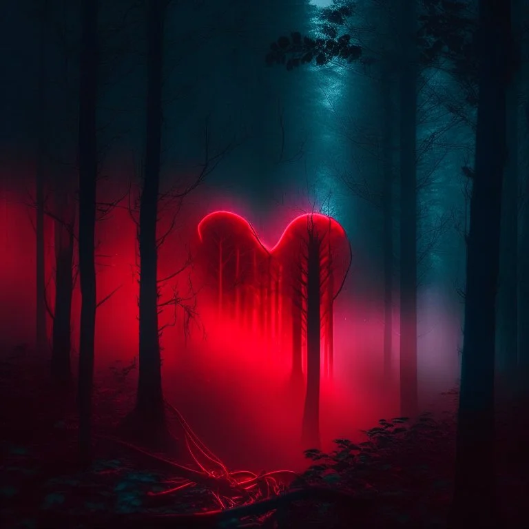 red fog in the forest at night with an electric heart