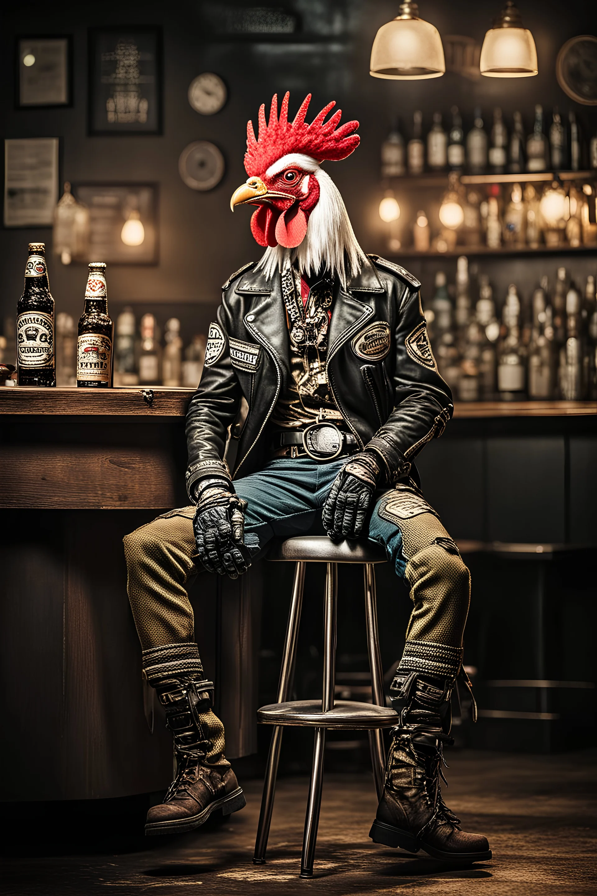 photo of a rooster dressed Diesel punk outfit sitting at a table in a bar with a bar stools, bottle beer, award winning photography, Elke vogelsang, bosozoku outfit