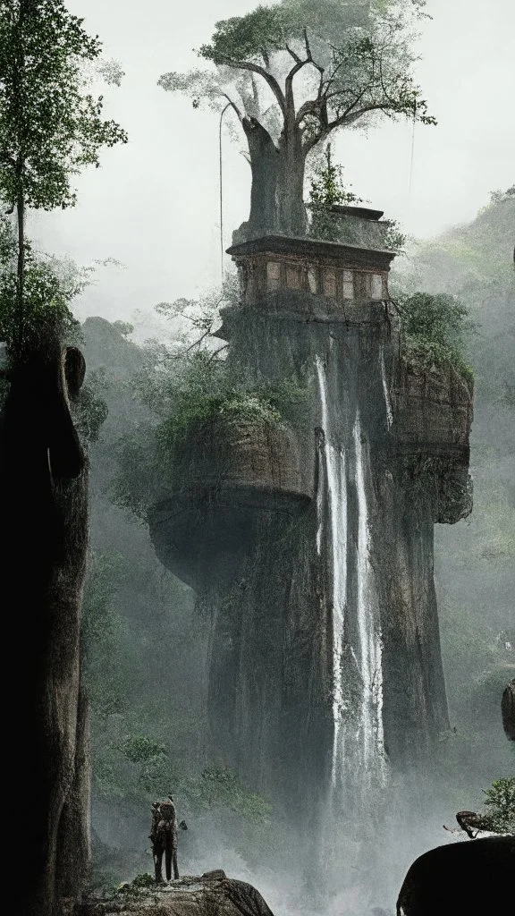 trees with waterfall and rocks with people